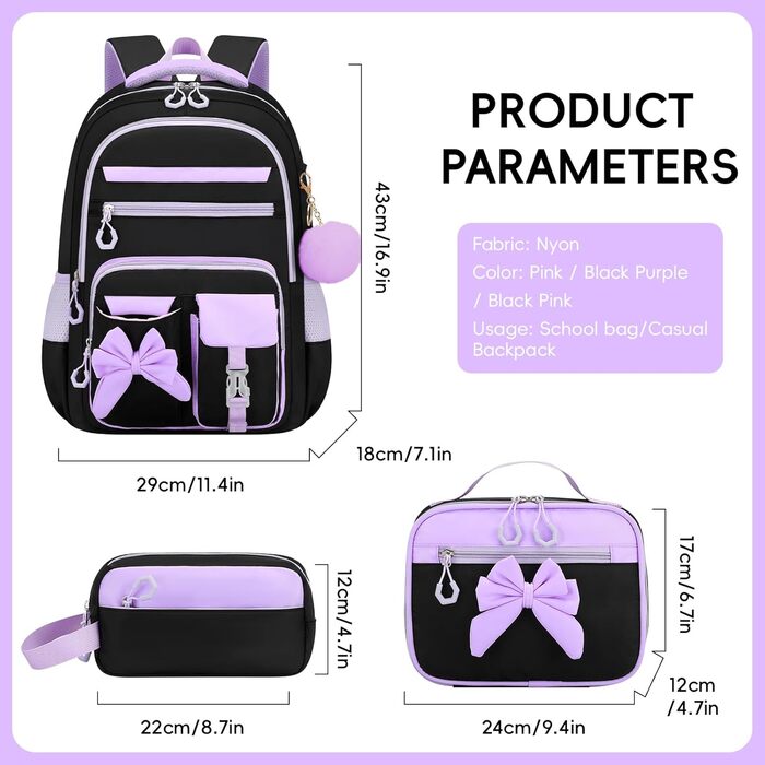 Шкільний рюкзак для дівчаток 3 в 1: рюкзак, ланч-бокс, пенал. Kawaii дизайн, 3-7 клас, для гімназії. Антикрадіжна сумка, 24L, фіолетово-чорний колір.
