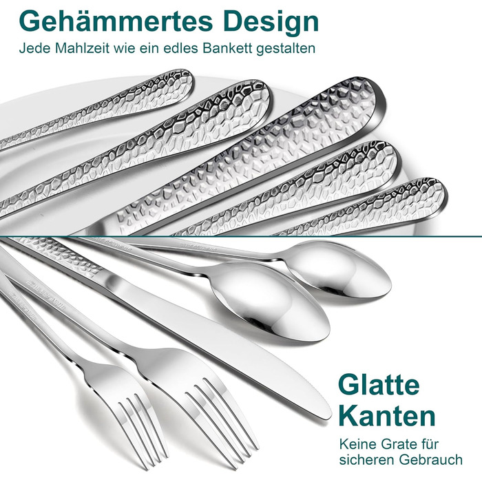 Набір столових приборів Joyfair на 6 осіб (60 предметів), нержавіюча сталь, з молотком, ніж, виделка, ложка, елегантний столовий прибор для дому/вечірки/ресторану, блискучий, придатний для миття в посудомийній машині