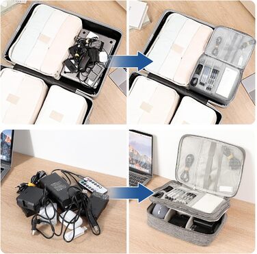 Органайзер для кабелів AiQInu: універсальна дорожня сумка-кубик, 3 шари, водонепроникний, для кабелів, power bank, USB, SD карт (сірий)