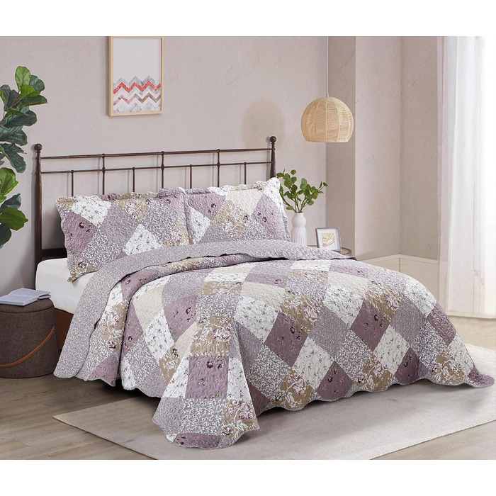 Комплект стеганих ковдр Brilliant Sunshine Grey Heart Love Patchwork (2 шт.) з чохлом для подушки, двостороння покривало, м'яка легка ковдра, всесезонна ковдра для двоспального ліжка (Фіолетовий)
