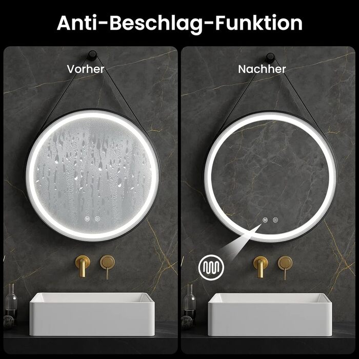 LED дзеркало для ванної кімнати з підсвічуванням, кругле, регульоване, 3 кольори світла (3500K-6500K), сенсорне керування, запобігає запотіванню - дзеркало для ванної кімнати з підсвічуванням для макіяжу та гоління (60 см, стильний дизайн)