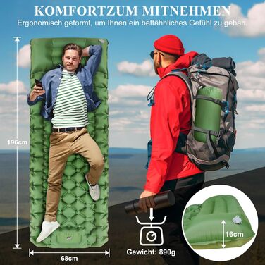 Саморозгортальний килимок для кемпінгу Vinstein, 16 см, з інтегрованими подушками та насосом для ніг, ультралегкий, водонепроникний, зелений