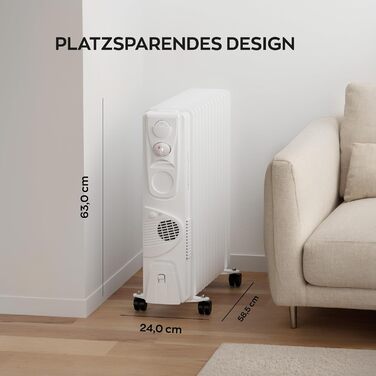 Електричний масляний радіатор Heinrich з 13 ребрами, 2500W, з вентилятором, терморегулятором, захистом від перегріву та нахилу, чорний