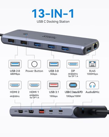 Док-станція USB C 13 в 1 для трьох моніторів: Dual HDMI 4K, DisplayPort, 10G USB 3.1, Ethernet, PD 100W, аудіо/мікрофон, сірий