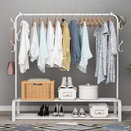 Clothes Rack Coat Rack Freestanding Clothes Rack Garment Rack Multifunctional with Top Bar, Bottom Shelf and 6 Hooks (White)