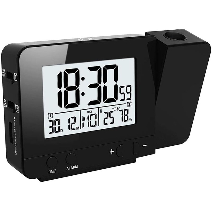 Projection Alarm Clock Digital Clock with Time, Temperature Projection, Dual Alarm, Humidity, Snooze, Timer, Calendar, USB Port (Black)