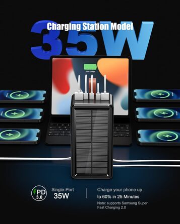 Портативний акумулятор 90000 mAh з сонячною панеллю, PD35W, QC 3.0, Wireless, USB-C, 6 виходів, LED дисплеєм, SOS ліхтарик для подорожей, кемпінгу, відпочинку на природі, чорний