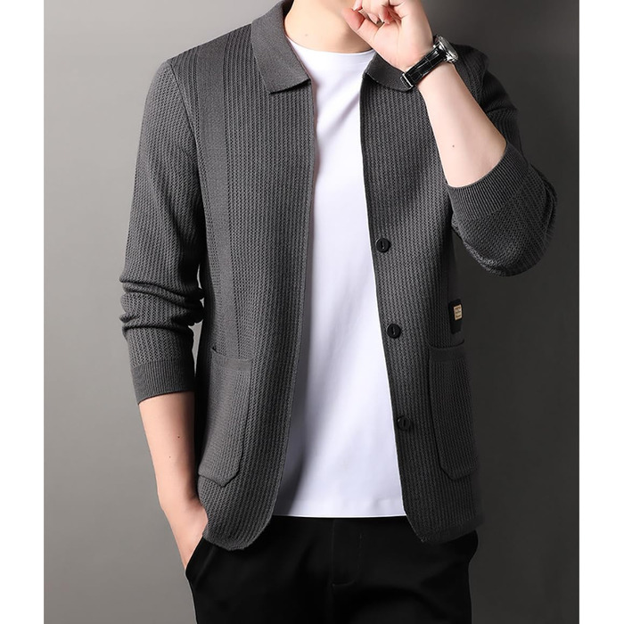 Чоловічий в'язаний жакет з ревером та довгими рукавами, з кишенями, бежевий, для осені