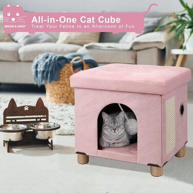 BRIAN & DANY Foldable Cat Cave Large Cat, Cat House Cave for Cats with Scratch Board and Play Ball, Storage Ottoman Seat Stool Footstool with Wooden Feet 37.5 x 32.5 x 36 cm, (Pink)