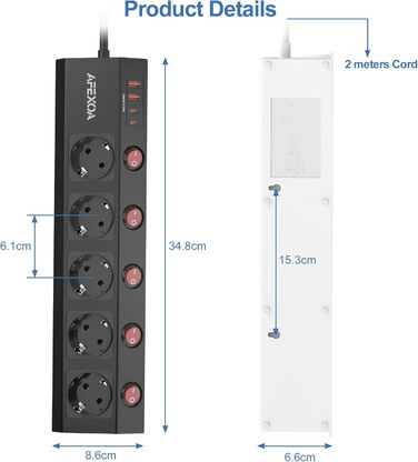 Многорозеткова смуга з 5 розетками та USB, біла, 3680W/16A, з USB-C та USB-A, швидка зарядка, захист від перенапруги, дитячий замок, для дому та офісу