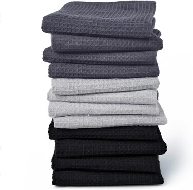 Encasa XO Kitchen Towels and Washcloths made of Cotton | Multicolor 3 | Waffle and Flat Weave Dishcloth | Dish Towel Set | 70x45 cm | Reusable and Quick-Drying 12-Piece Set