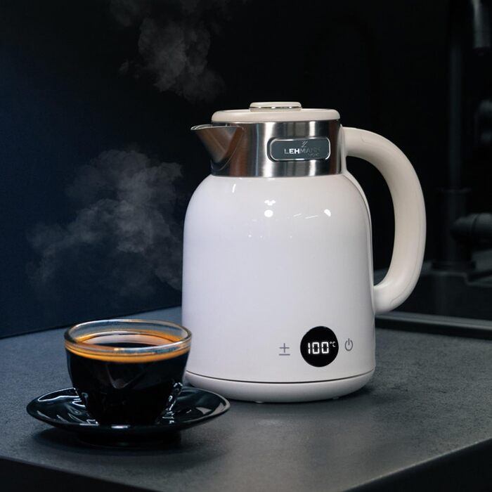 Електричний чайник LEHMANN з регулюванням температури 40-100°C, 1,5L, функцією підігріву, швидким нагріванням, LED-дисплеєм, нержавіючою сталлю, автовимкненням та захистом від перегріву, BPA-free, кремовий