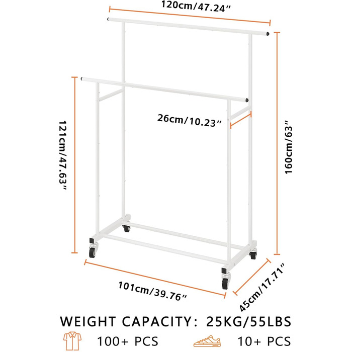Підвісна штанга для одягу Calmootey з подвійною перекладиною, мобільна, для спальні, вітальні, магазину одягу, біла