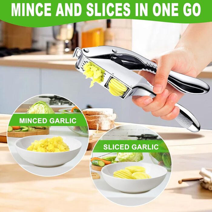 Пресу для часнику з нержавіючої сталі 2-в-1, з подрібнювачем та щіткою для чищення, придатна для миття в посудомийній машині