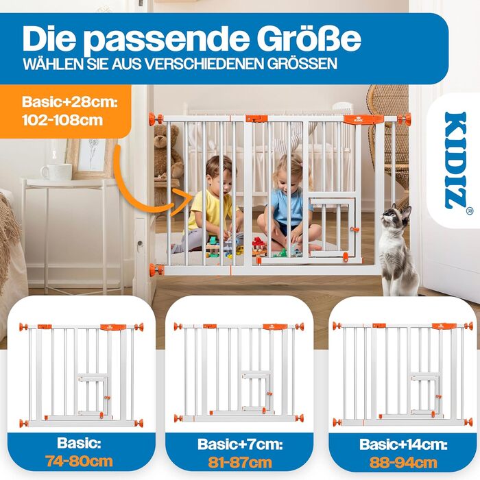 Захисне ворота KIDIZ для дітей з люком для котів, без свердління | Захист від падіння, поворотне, біле/помаранчеве, ширина 74-80 см