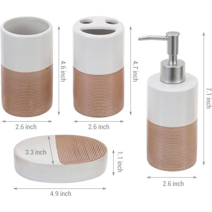 Deluxe 4-Piece Ceramic Bathroom Set with Soap Dispenser, Toothbrush Holder, Cup, and Soap Dish in White and Beige