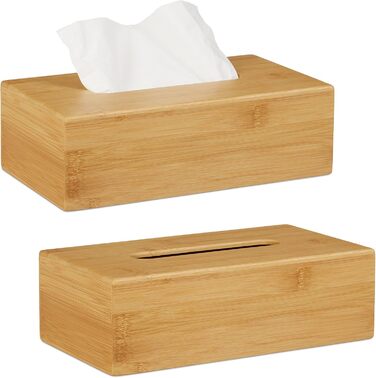 Relaxdays 2 x Cosmetic Tissue Box Bamboo, HBT: 8.5 x 27.5 x 15.5 cm, Tissue and Cosmetic Tissue Dispenser, Natural