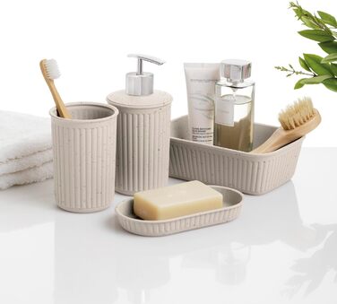 Набір аксесуарів для ванної кімнати TATAY Baobab ECOHOME (4 шт.): стакан для зубної пасти, дозатор мила, мильниця, органайзер A6. Без BPA, з переробленого пластику, поліпропілен, бежевий.
