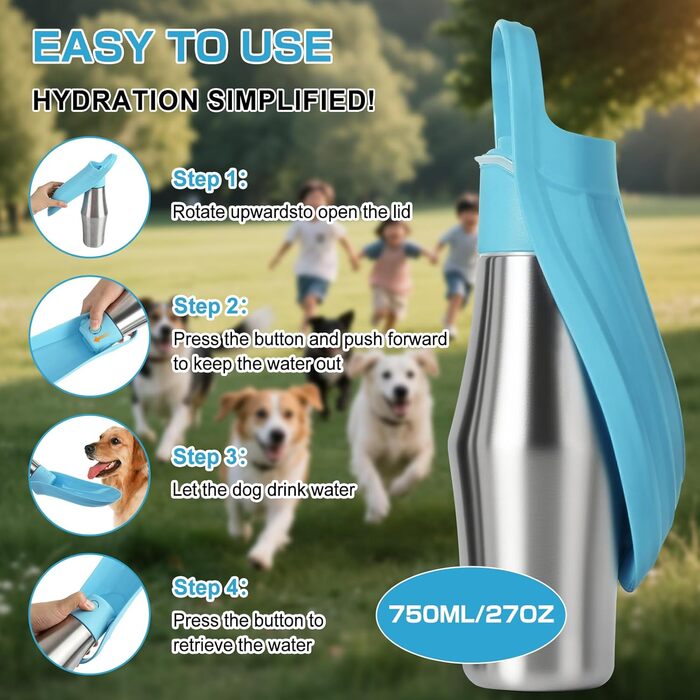 Водяна пляшка для собак на прогулянці - не протікає, з нержавіючої сталі, подвійні стінки, вакуумна ізоляція, 750 мл (Блакитна)