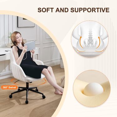 Офісний стілець для дому та офісу до 136 кг, обертовий, оксамит, з підлокітниками та колесами, ергономічний, білий