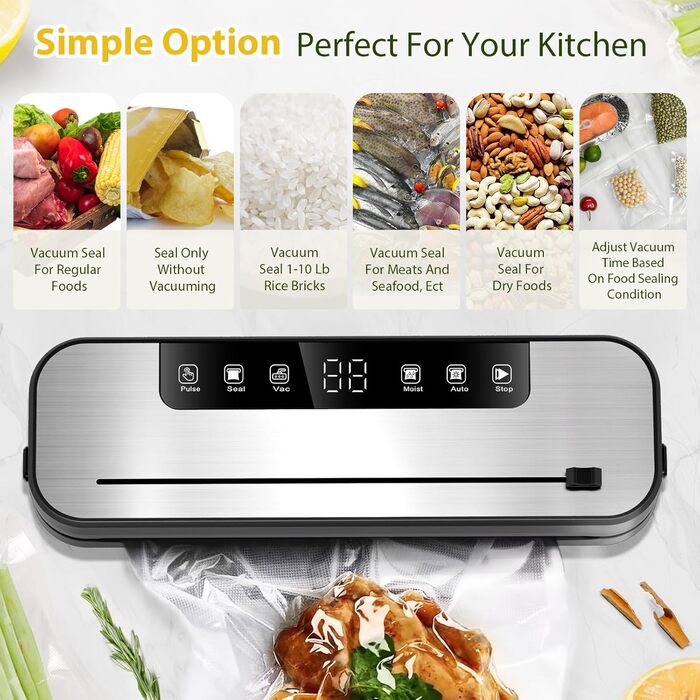 Вакуумний апарат Automatik 6-в-1 для продуктів харчування, з 50 пакетами, цифровий таймер, для сухих та вологих продуктів