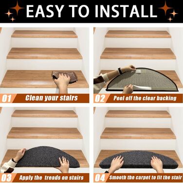Rina Non-Slip Stair Treads - 22x65 cm - 15 Piece Set - Dark Grey Adhesive Anti-Slip Carpet for Wooden Stairs - Indoor Safety