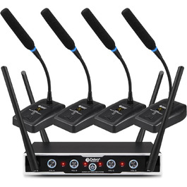Debra 4-канальний UHF мікрофонний комплект з 16 частотами | 80м радіус дії, 4x Bodypack + мікрофон-гарнітура/петличний | Професійний звук для співу, караоке та конференцій (4 мікрофони)