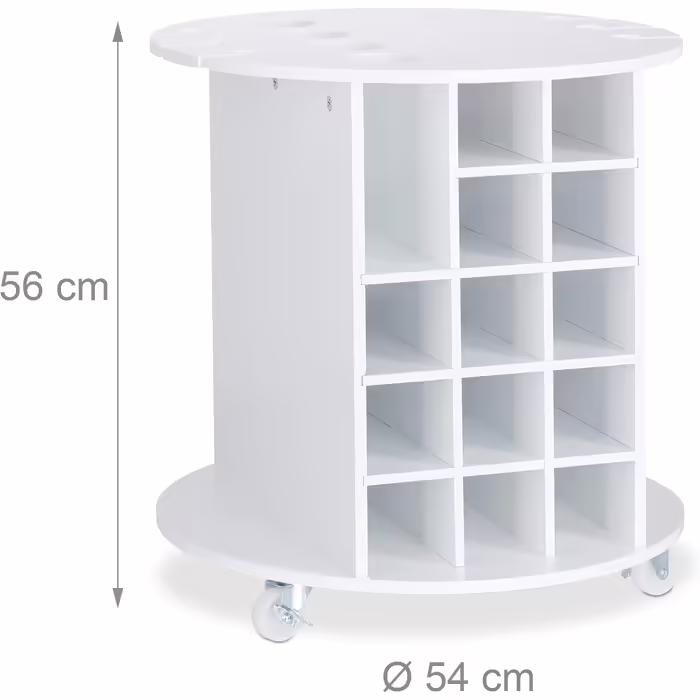 Relaxdays, white wine rack on 360° swivel casters, 6 glass holders, wine storage for 17 bottles, round, HxD: 56x54cm