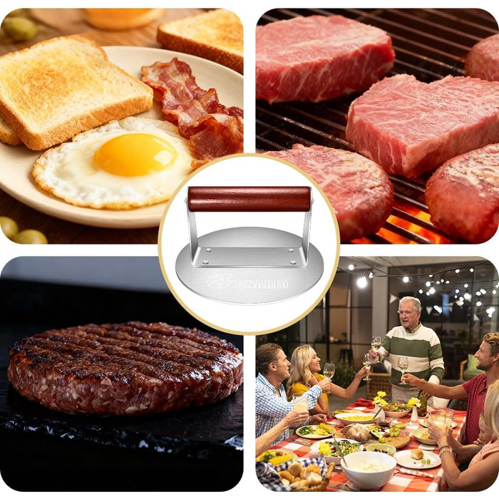 Професійна преса для smash burger CNARIO з нержавіючої сталі 16 см, пристрій для формування котлет з дерев'яною ручкою для гриля та BBQ