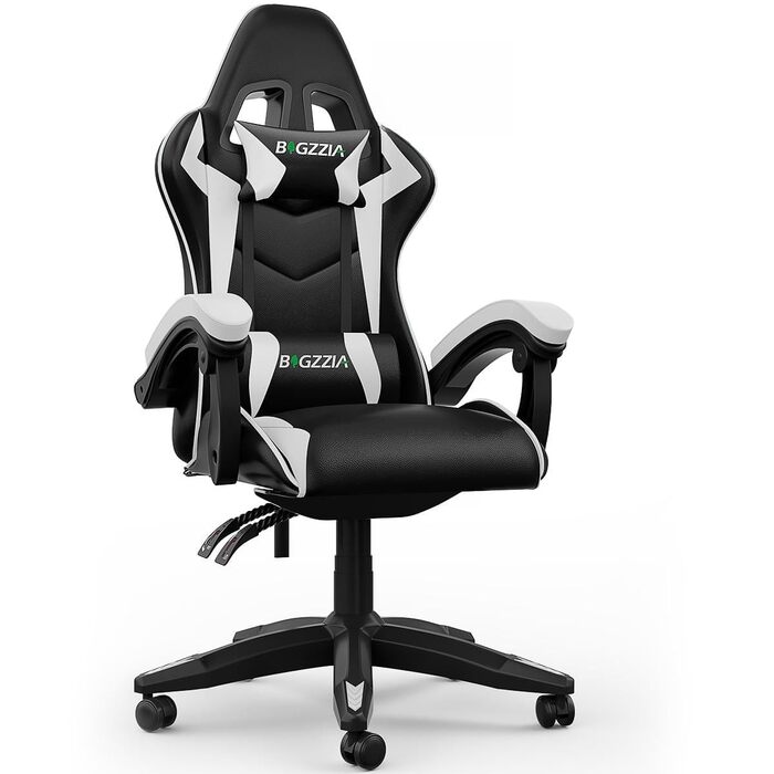 Геймерське крісло Bigzzia Ergonomisch з підтримкою попереку та голови, Bluetooth, чорно-біле, регульована висота, для підлітків та дорослих