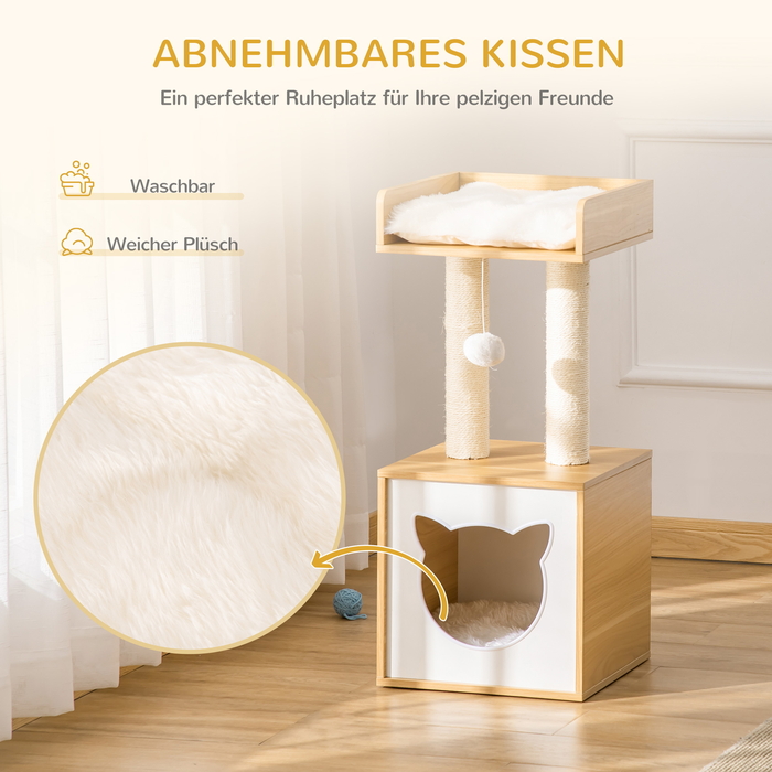 PawHut Cat Cave with Cat House & 2 Cushions, 2 Levels including Cat House, Toy with Ball, Cat Apartment, Sisal, Natural, 35 x 35 x 81 cm | Aosom