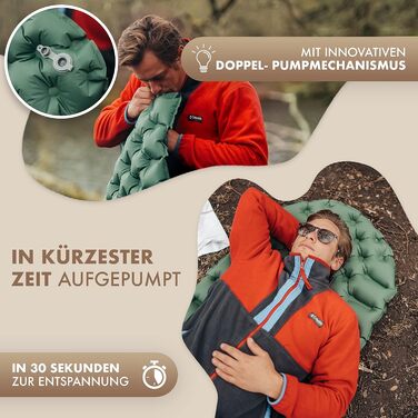 Килимок для кемпінгу NATURBUMMLER® Ultraleicht Cloud Nap+ - надувний, 195x56 см, водостійкий, складаний, для трекінгу, подорожей, фестивалів, природи, зелений