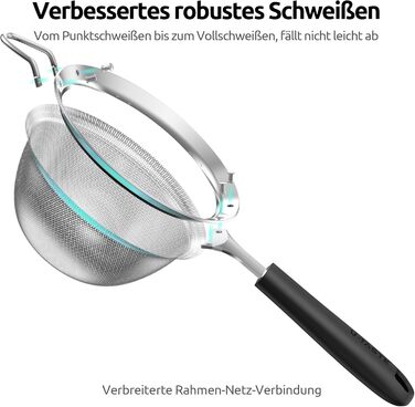 U-Taste Fine Mesh Sieve: Kitchen sieve made of 18/8 stainless steel, medium-sized metal sieve with a riveted, stable silicone handle for sifting flour, draining tea, rice, quinoa (Black, 12 cm)