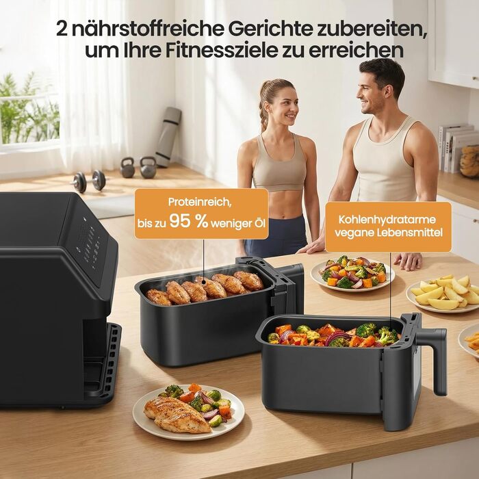 Аерофритюрниця LLIVEKIT 9L з двома камерами (2x4.5L), 8 програм, 4D конвекція, функція Sync-Finish, енергоощадна, чорна