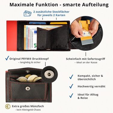 Шкіряний картхолдер SecWal з монетницею та RFID-захистом, компактний гаманець з кнопкою для жінок та чоловіків (Червоно-чорний), Made in Germany