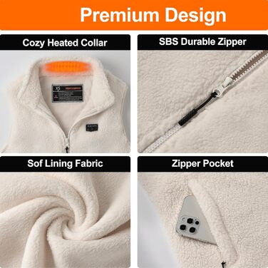 Електрична флісова жилетка Daen з підігрівом, 16000mAh, 7.4V Powerbank, Sherpa, для активного відпочинку та катання на лижах (M, білий)