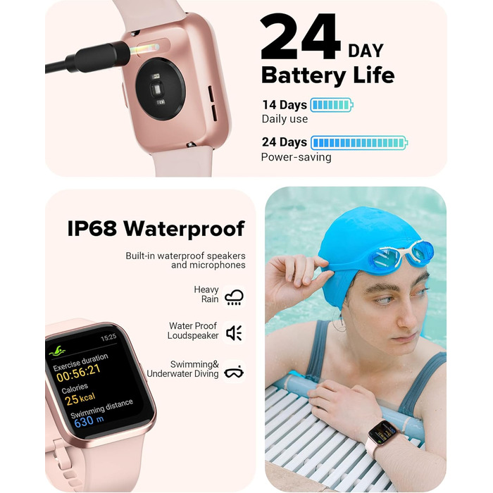 Розумний годинник для жінок з функцією телефону, 1.7' сенсорний екран, крокомір, пульсометр, моніторинг сну, SpO2, нагадування WhatsApp, IP68 водонепроникність, фітнес-трекер, рожевий