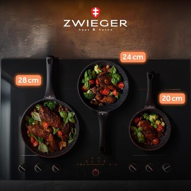 Велика сковорода ZWIEGER з кришкою 28 см, алюмінієвий литий корпус, високі борти, антипригарне покриття, підходить для всіх типів плит (індукційна, газова, електрична), без PFOA та PFOS