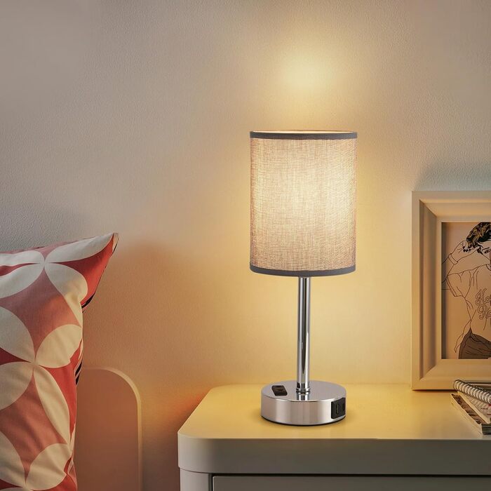 LED-лампа на тумбочку з сенсорним керуванням, диммуванням, USB-портом A+C, тканинний абажур, металева основа, 2 шт. (Сірий)