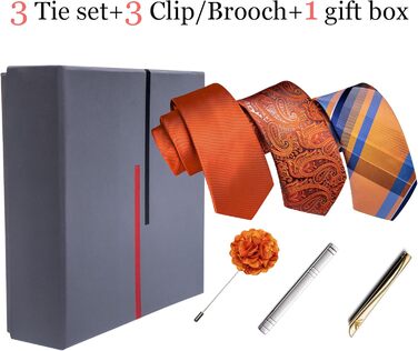 Набір краваток Barry.Wang для чоловіків з візерунком пає, тканина - шовк, з чохлом, краваткові затискачі, формальний стиль (оранжево-смугастий)