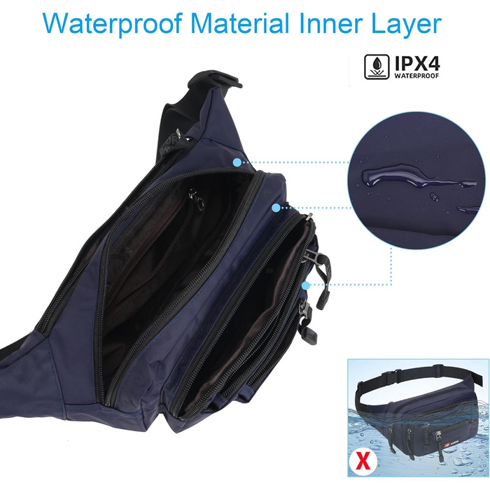 Водонепроникна поясна сумка-бананка для жінок та чоловіків. Мультифункціональна сумка на пояс з блискавкою. Підходить для подорожей, піших прогулянок та будь-яких активностей на відкритому повітрі (Темно-синій)