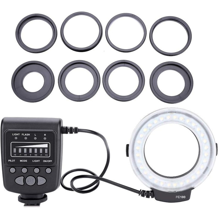 Портативний LED-макрокільцевий спалах Topiky FC-100 з регулюванням яскравості, комплект для відеозйомки з 8 адаптерними кільцями та контролером для камер