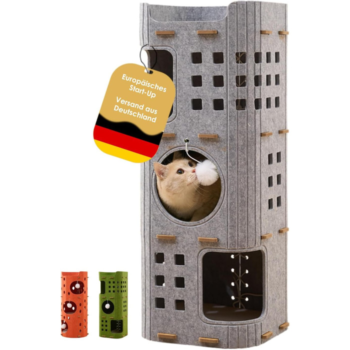 Котяча кігтеточка преміум-класу з 4 ярусами та 3 будиночками, філц, 90 см, зелений (сірий), 35x35x90 см