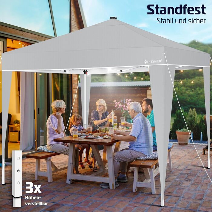 KESSER® Gazebo Folding Gazebo 3x3m with LED Lighting | Pop-Up Garden Gazebo Adjustable Height Stable Waterproof Winterproof | Party Tent Event Tent UV Protection 50+ incl. Remote Control & Bag Light Grey