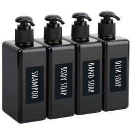 Диспенсер для мила Segbeauty Quadratisch, 4 шт. 280 мл, чорний - набір дозаторів для шампуню, гелю для душу, рідкого мила, багаторазові пластикові помпові пляшки для кухні та ванної з етикетками