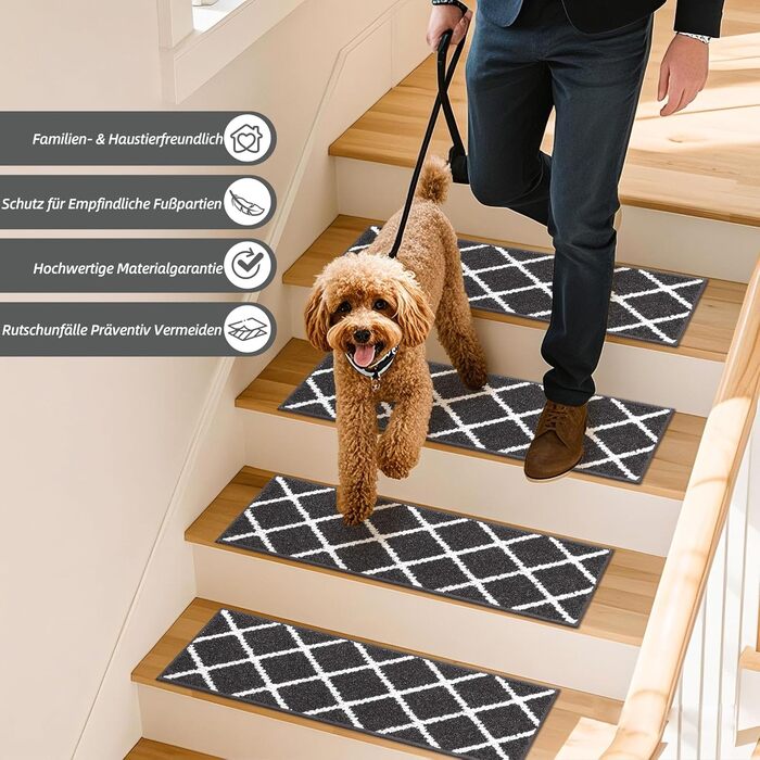 Комплект килимків для сходів COSY HOMEER (15 шт.), 70 x 22 см, антиковзаючі, самоклеючі, машинне прання, 100% поліестер, TPE-підкладка, для дітей, літніх людей та домашніх тварин, чорно-білі