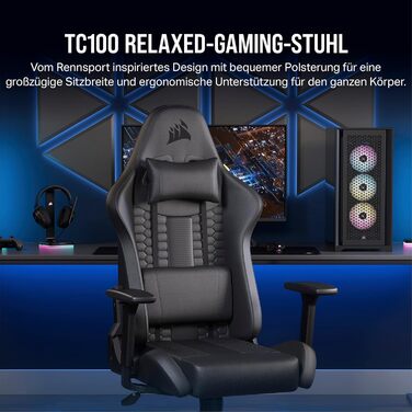 Ігрове крісло Corsair TC100 Relaxed з екошкіри, чорне, ергономічне, регульовані підлокітники, подушка для попереку та знімна подушка з піни пам’яті, стиль автоспорту