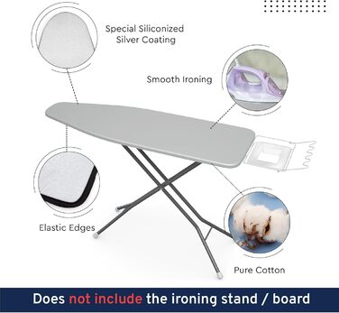 Глянцевий силіконовий чохол для прасувальної дошки Encasa XO, 135x45 см, з товстим шаром піни та фетру, стійкий до нагару та плям, XL сріблястий, люкс