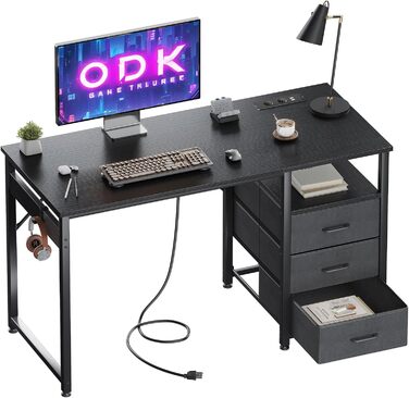 Комп'ютерний стіл ODK з 3 тканинними шухлядами, 2 розетками та USB-портами, реверсивний письмовий стіл для домашнього офісу, чорний, 120x48x75.5 см