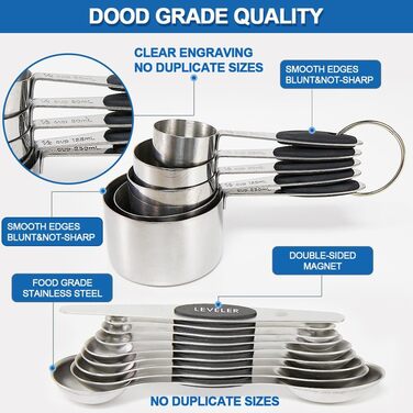 14-Piece Measuring Cup and Magnetic Measuring Spoon Set, Stainless Steel, 5 Measuring Cups with Silicone Handles, 8 Double-Sided Magnetic Measuring Spoons, and 1 Leveler (no duplicate specifications), Black